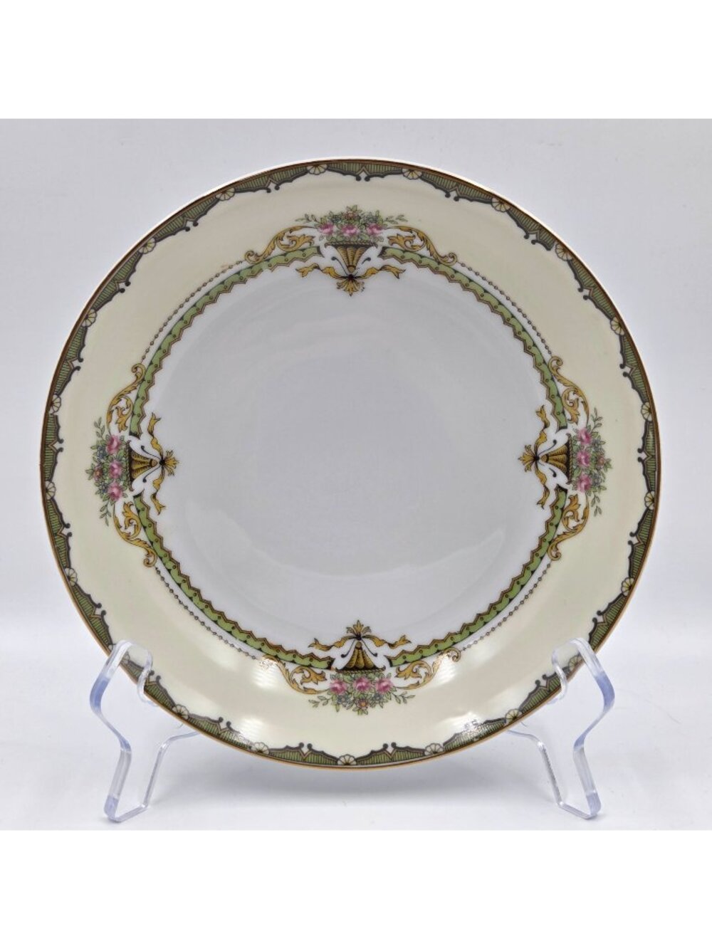 Noritake Penelope Set of 2 Coupe Soup Bowl Green Border Pink Roses Urn Gold Trim - Picture 1 of 4